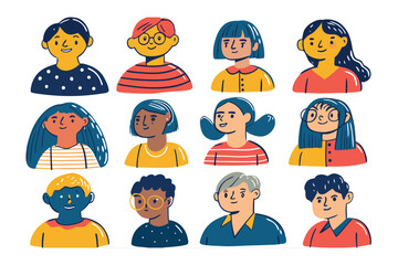 Diverse Group of People Icons: A collection of twelve unique and diverse hand-drawn avatars, each with its own personality and style, perfect for representing a modern and inclusive team.
