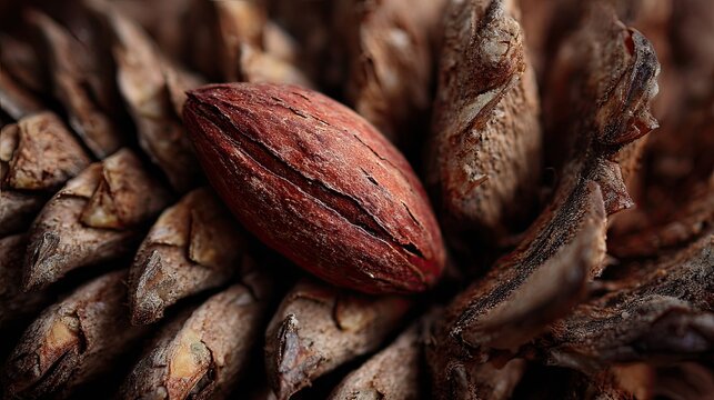 Close-up of a brown seed nestled in a pine cone
