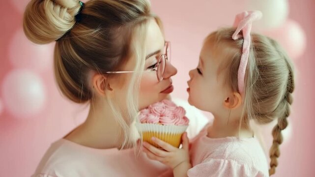 Mother and daughter sharing a sweet moment with a cupcake on a pink background