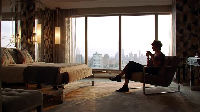 Woman drinks coffee in luxury suite overlooking city