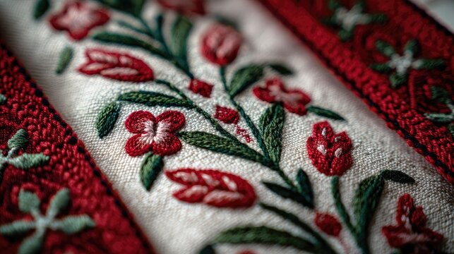 Close-up of embroidered floral pattern on cream fabric with red trim