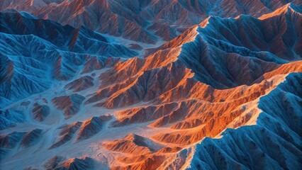 Abstract granular terrain with orange and blue lighting and deep valleys texture pattern background