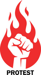 Fist raised in protest surrounded by flames symbolizing passion and revolution