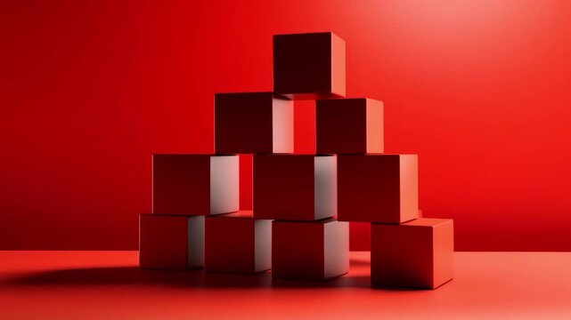 Red cubes are assembling, creating a pyramid shape on a vibrant red backdrop