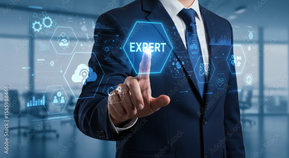 Poster suited professional touching glowing expert button in tech interface