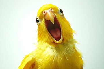 Close-up of a vibrant yellow lovebird with an open beak screaming or singing loudly, isolated shot