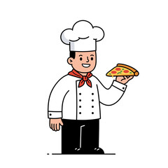 Chef smiling while holding a slice of pizza in kitchen uniform  