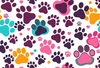 Colorful vector seamless pattern of cute cat and dog paw prints on white background , pet, seamless vector pattern