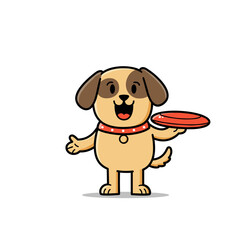 Cheerful dog holding frisbee with playful expression on white background  