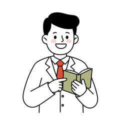 Smiling man in suit reading a book while standing indoors  