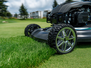 Close-up view of a modern lawn mower on lush green grass, showcasing its sleek design and durable wheels, emphasizing the importance of lawn care and maintenance