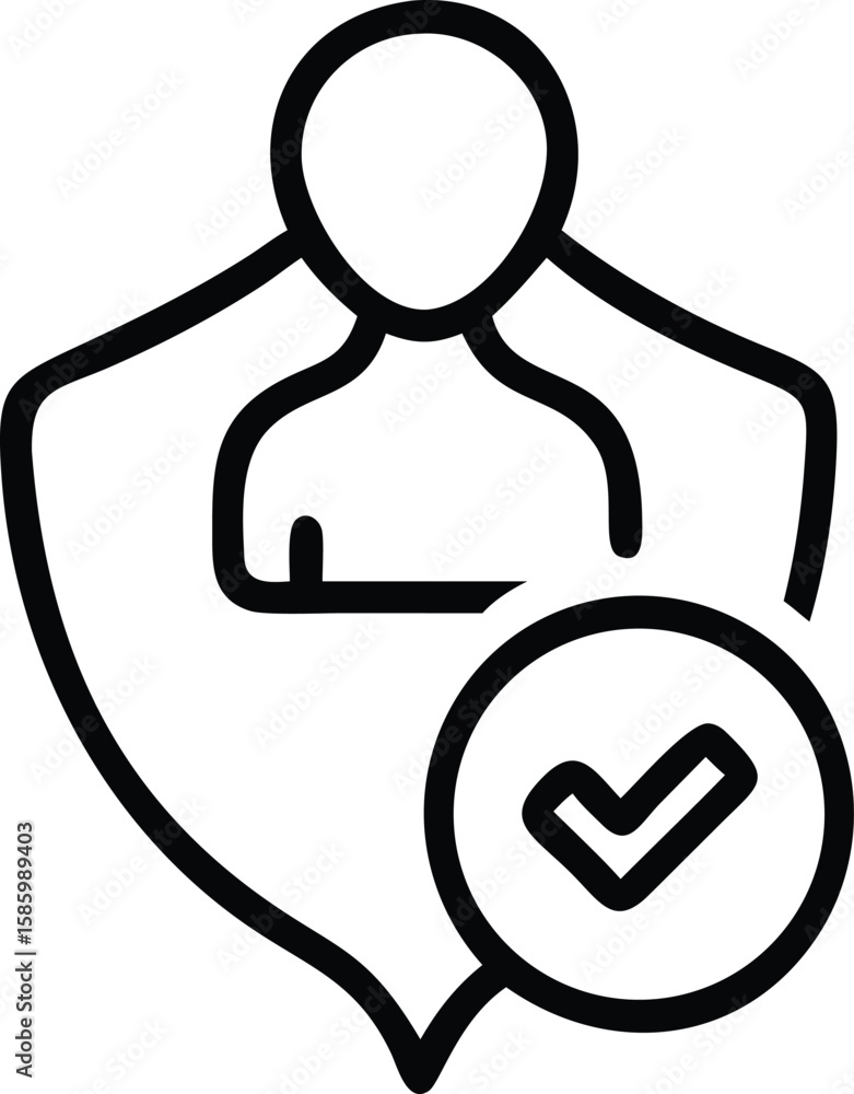 Poster secure profile line icon on shield with checkmark guarantees protection and privacy