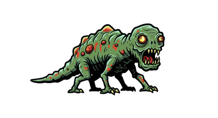 Fototapeta premium A terrifyingly cute, green, reptilian creature with glowing red eyes and a spiky back, rendered in a fun cartoon style