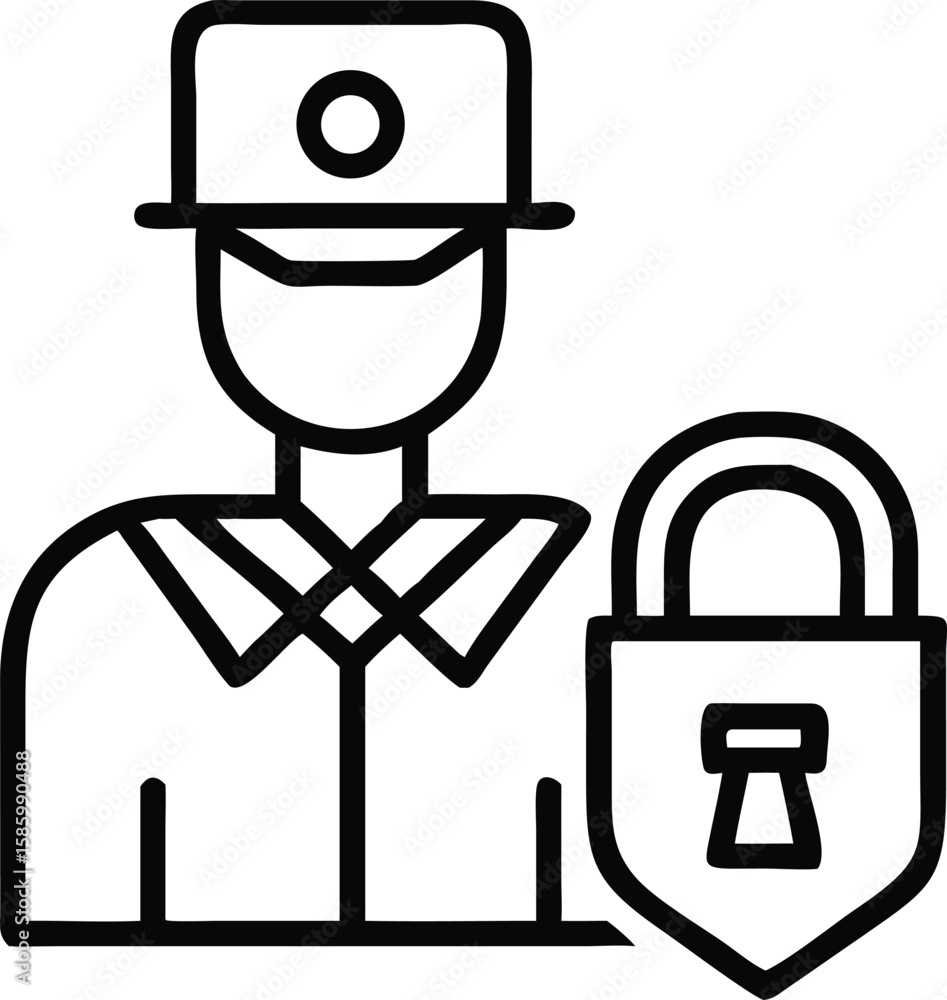 Poster security guard outline icon with padlock for protection system concept design