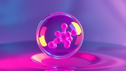 A vibrant pink molecular structure floats inside a translucent sphere against a colorful abstract background.