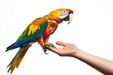 Fototapeta premium Colorful macaw parrot perched on a hand, exotic pet bird with vibrant plumage and feathers