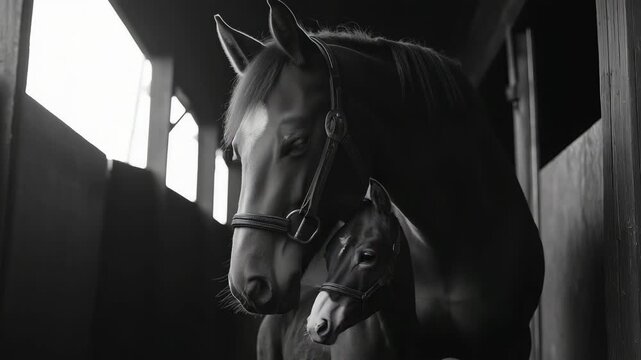 A brown horse and its foal stand close together in a stable. The scene is captured in black and white, highlighting their features and the rustic environment.