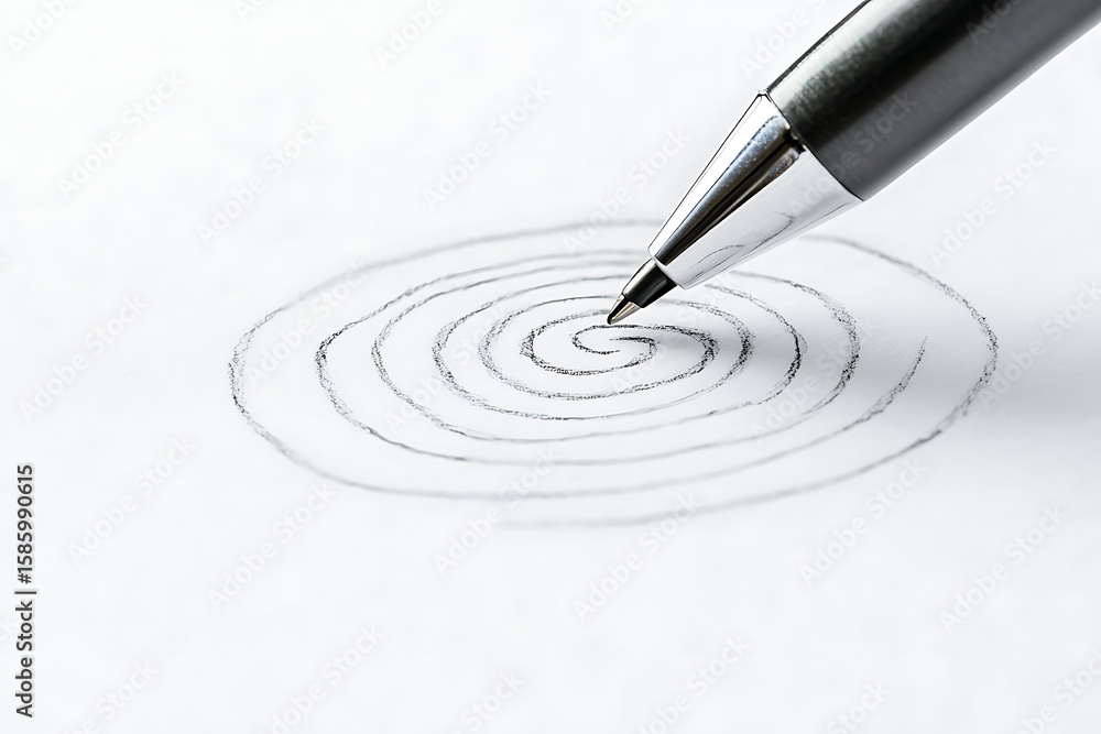 Poster drawing a spiral: a pen traces a circular path on white paper, creating an intricate spiral design w
