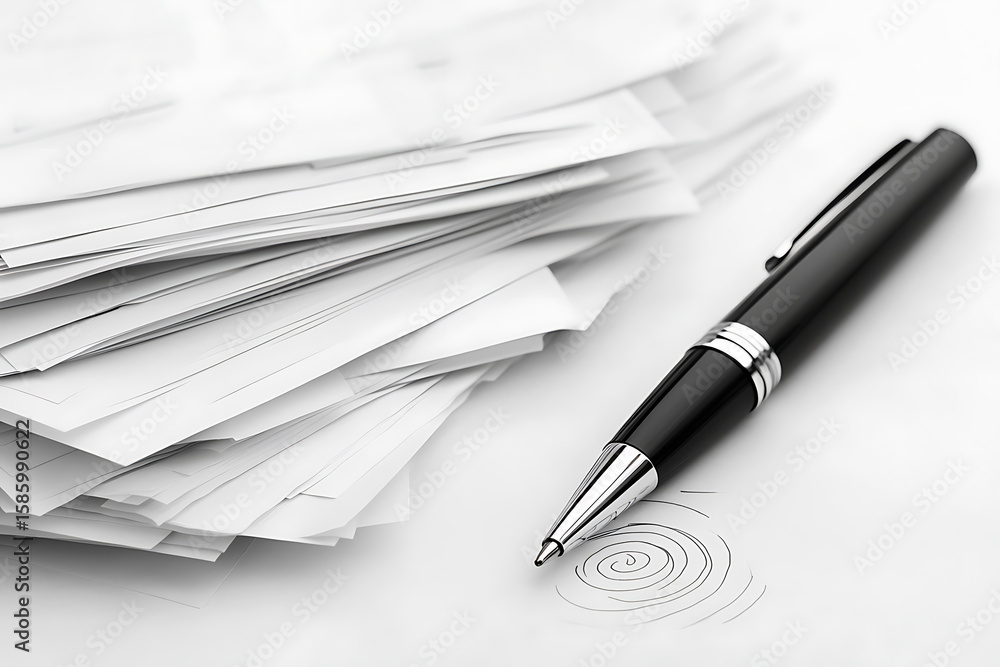Poster papers with pen: a pen rests on a blank surface, next to a stack of paper, with spiral doodles marki