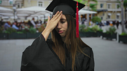 Graduated hispanic woman wearing cap and gown covers forehead with palm on busy street terrace;...