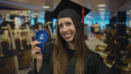 Young hispanic woman graduate wearing mortarboard and gown holds a blue first place ribbon inside...