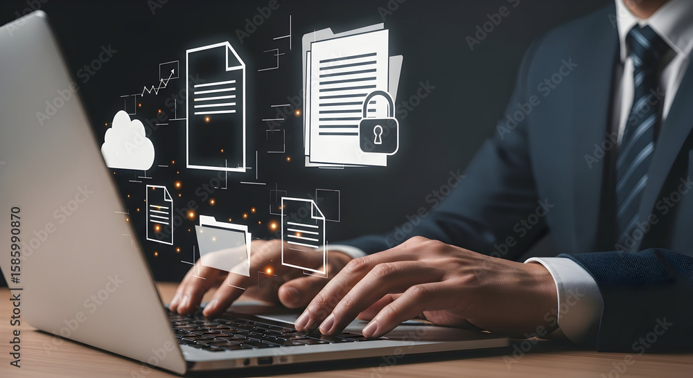 Poster professional hands type on a laptop, engaging with secure digital data management and cloud technolo