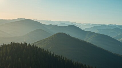 Misty mountain range with dense forest.