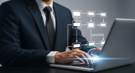 Business professional optimizing workflow with advanced digital process visualization on a laptop
