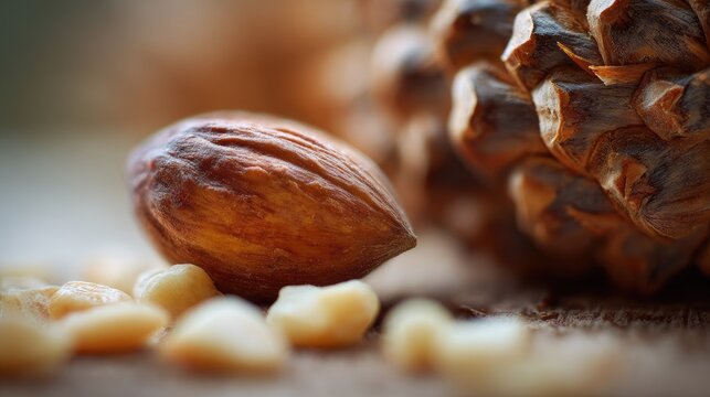 Close-up of almond and pine cone