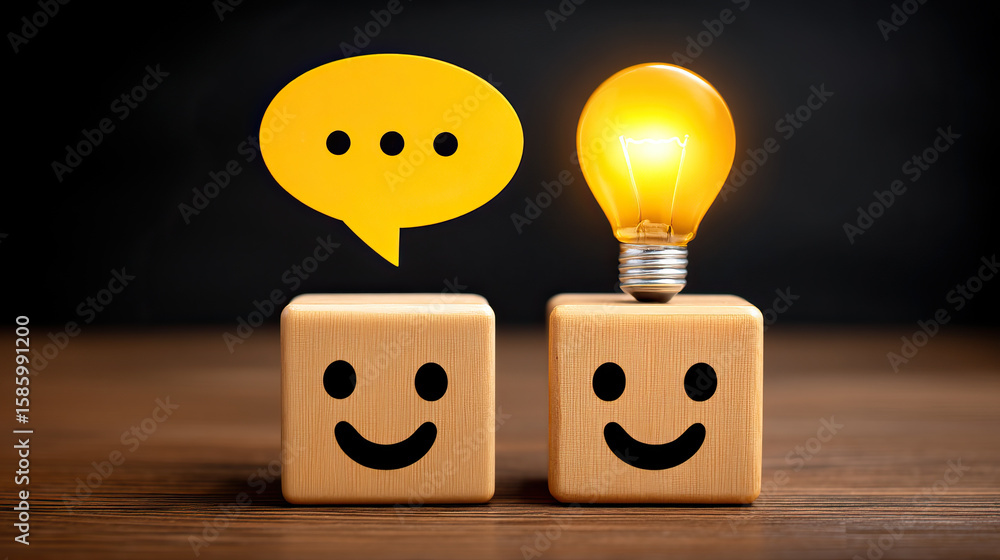 Aufkleber happy face cube with speech bubble and light bulb on wooden table symbolizing problem to solution co