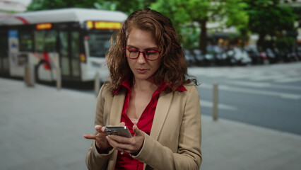 Woman using smartphone on busy city street, wearing red glasses and beige blazer, bus in background...
