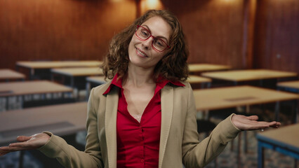 Woman with curly hair wearing red glasses gestures confidently while teaching in a classroom with...