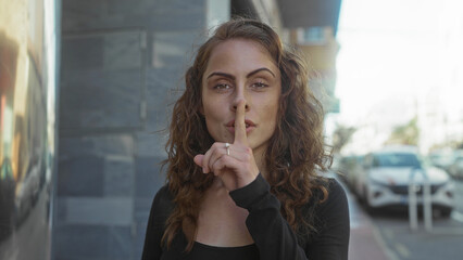 Woman gesturing silence with finger on lips standing on busy city street during daytime creating a...