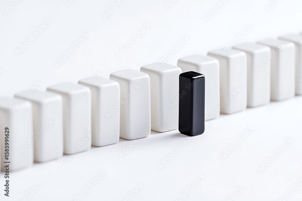 Poster contrast and individuality: a single black block stands out among a row of white blocks, symbolizing
