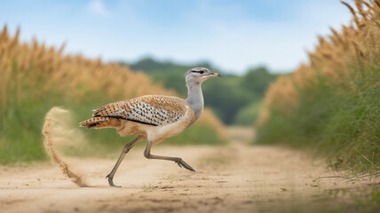 Fototapeta premium A photorealistic image of a Great Bustard bird in mid-stride on a sandy path.