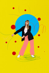 Creative artwork template sketch image collage of young lady dance happy smile line doodle party...