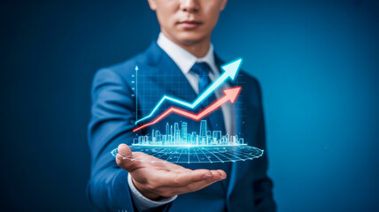 A professional business concept image showing a person in a dark blue suit holding a holographic cityscape projection in their palm.