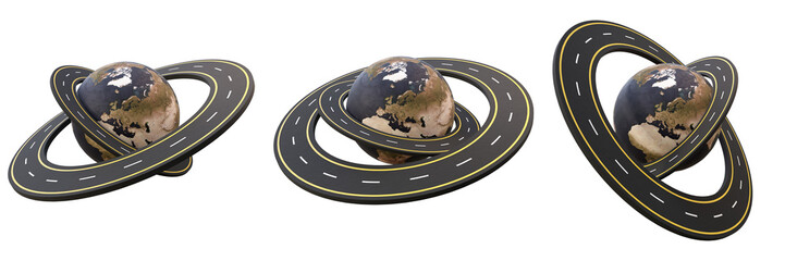 Set of asphalt roads around the world on isolated background. Set of highway roads around the earth globe isolated. Trasportation, navigation, travel or trip elements.