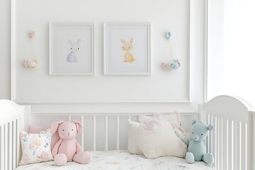 Adorable nursery decor with bunny art and plush toys in a cozy baby crib setting