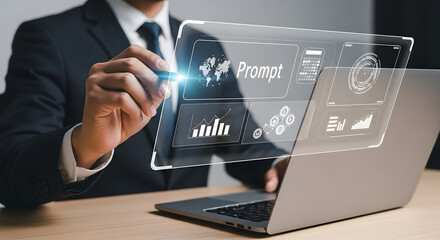 Executive uses a stylus to interact with a futuristic transparent screen displaying digital data and a prompt.