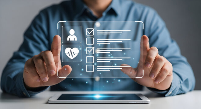 A user's hands interact with a futuristic transparent screen displaying health data and digital checklists.