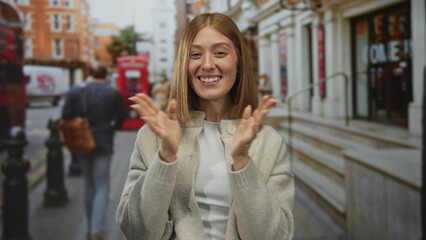 Woman smiling with joy on lively urban street featuring iconic red phone booth and stylish attire...