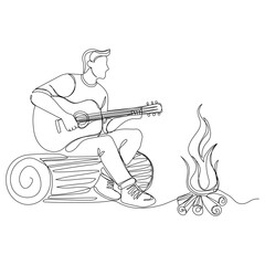 Continuous one line drawing of a man playing a guitar near the campfire. Camping concept. Vector illustration 