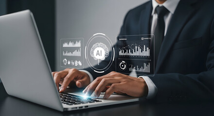 A professional engages with advanced artificial intelligence technology on a laptop, analyzing complex data visualizations.