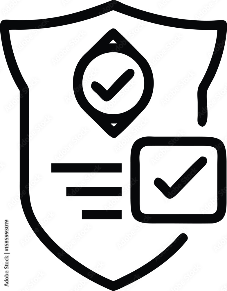 Poster shield outline icon with checkmark and document lines, security verified data protection