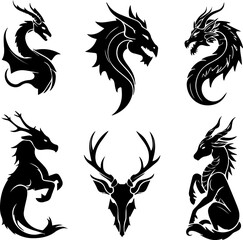 Obraz premium Collection of stylized black dragon and deer silhouettes