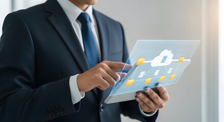 Businessman interacts with a futuristic holographic display visualizing cloud data management and digital connectivity.