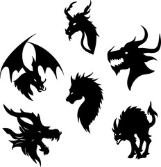 Fototapeta premium Diverse black dragon silhouettes showcasing various mythical creatures and fantasy designs