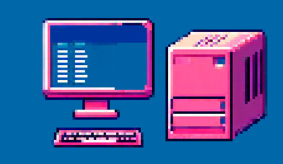 Vector illustration depicts a pixel art computer setup with a retro style. It features a monitor, CPU tower, and keyboard in vibrant pink against a blue background.