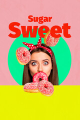 Sketch image trend 3D photo collage of young lady head eye watch eat donut headband cuisine...